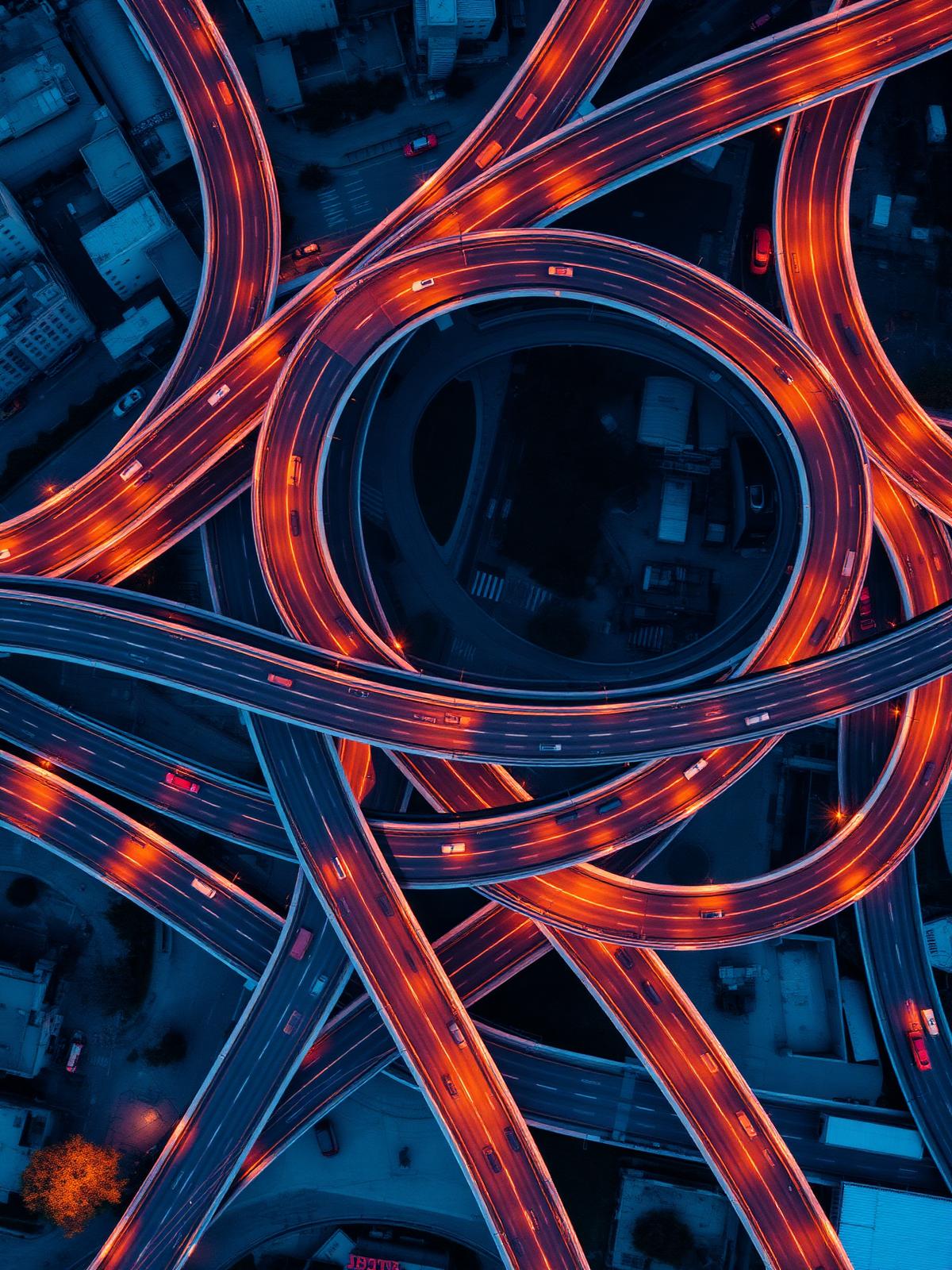 Multi-level metropolitan highway interchange at sunset